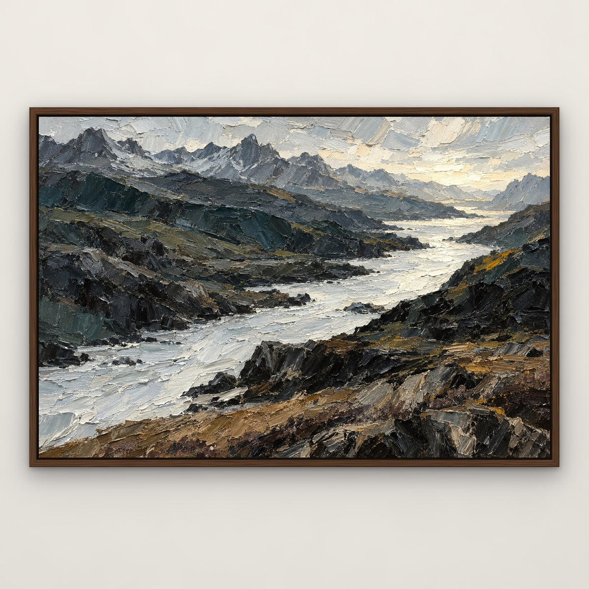 Knife-Cut Highlands, teal abstract hand-painted canvas wall art in a slim walnut float frame – Gallery 23
