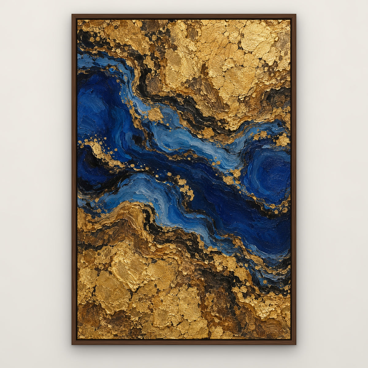 Lapis and Gold, blue abstract hand-painted canvas wall art in a slim walnut float frame – Gallery 23