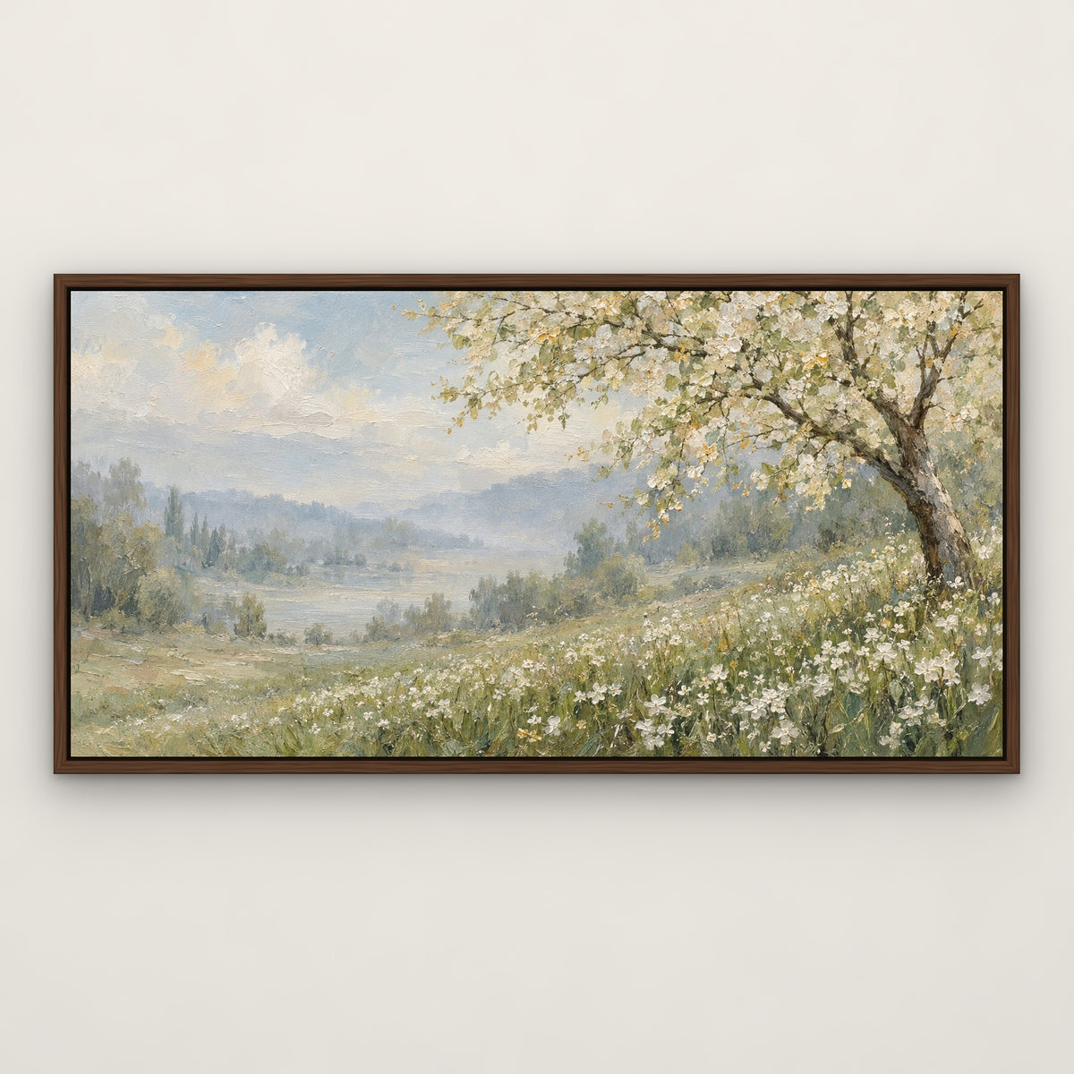 Blossom Meadow Tree, teal landscape hand-painted canvas wall art in a slim walnut float frame – Gallery 23