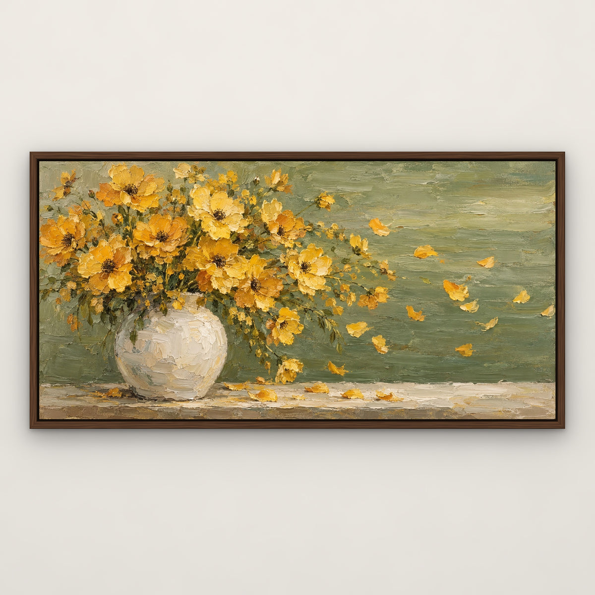 Golden Petal Breeze, yellow floral hand-painted canvas wall art in a slim walnut float frame – Gallery 23