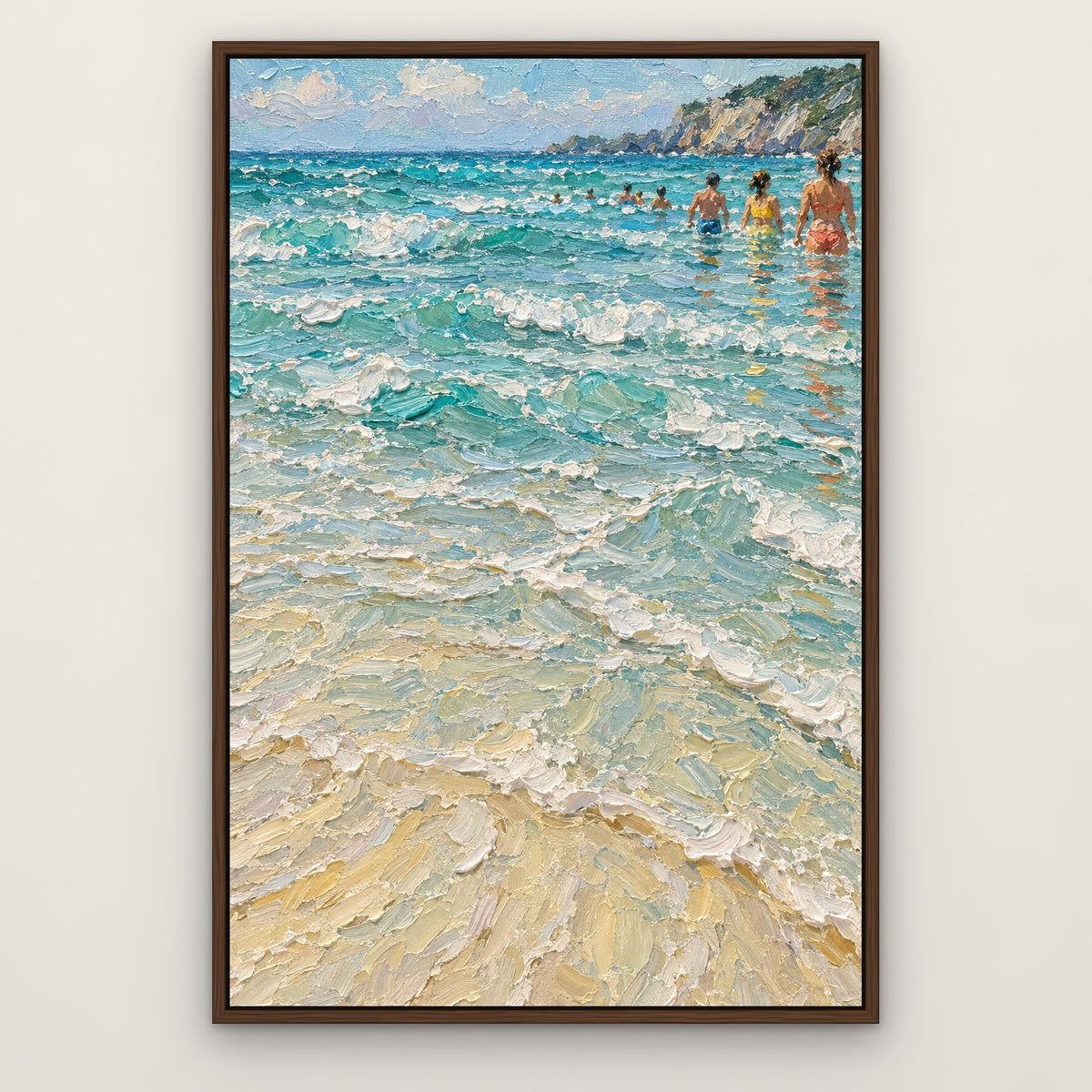 Swimmers in the Shallows, blue coastal hand-painted canvas wall art in a slim walnut float frame – Gallery 23