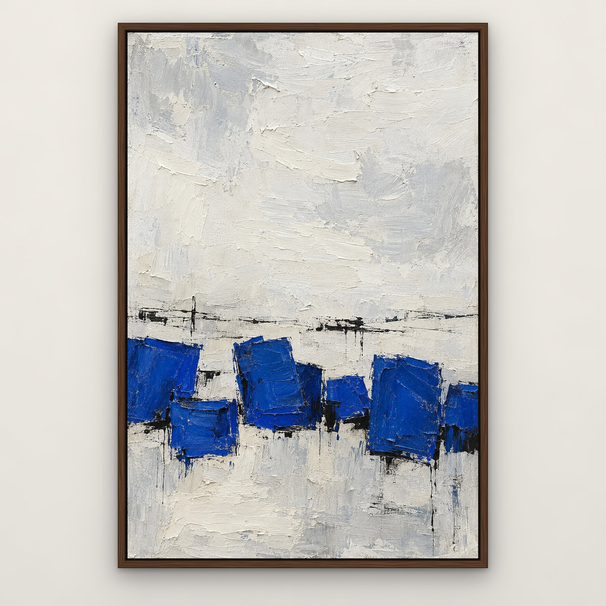 Cobalt Blocks, blue abstract hand-painted canvas wall art in a slim walnut float frame – Gallery 23