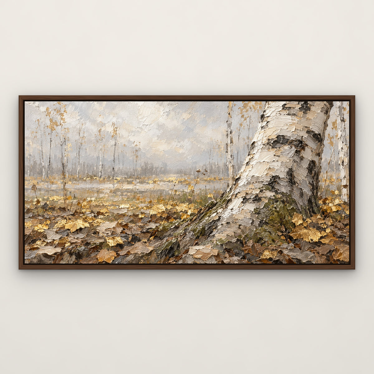 Birch Gold Shimmer, grey abstract hand-painted canvas wall art in a slim walnut float frame – Gallery 23