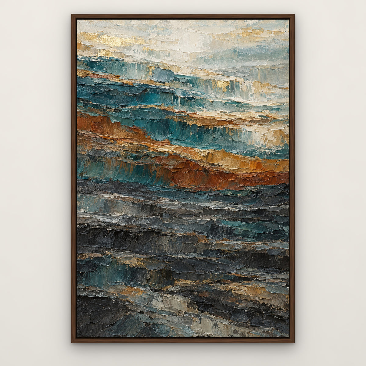 Teal Ochre Cascade, orange abstract hand-painted canvas wall art in a slim walnut float frame – Gallery 23