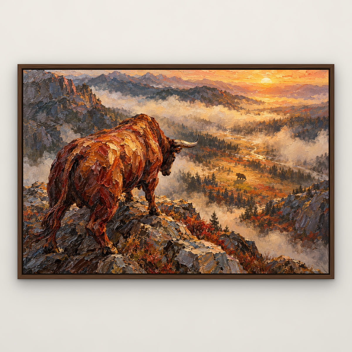 Market Standoff, brown wildlife hand-painted canvas wall art in a slim walnut float frame – Gallery 23
