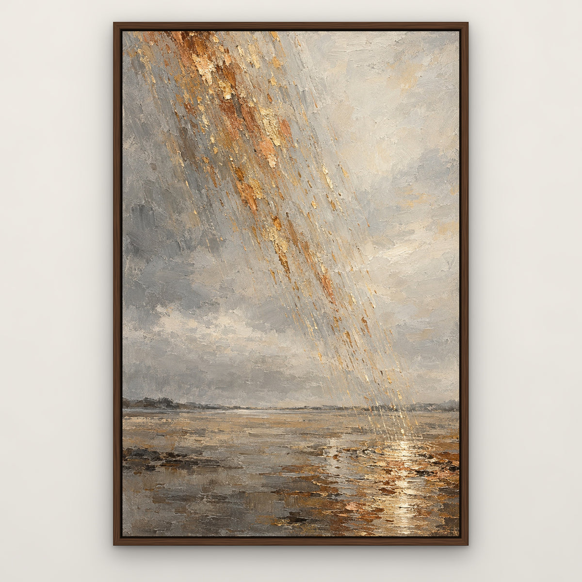 Copper Gold Rain, orange abstract hand-painted canvas wall art in a slim walnut float frame – Gallery 23