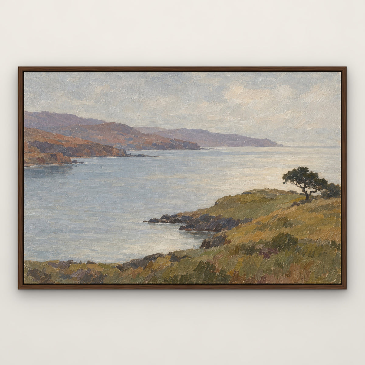 Quiet Headland, brown mountain landscape hand-painted canvas wall art in a slim walnut float frame – Gallery 23