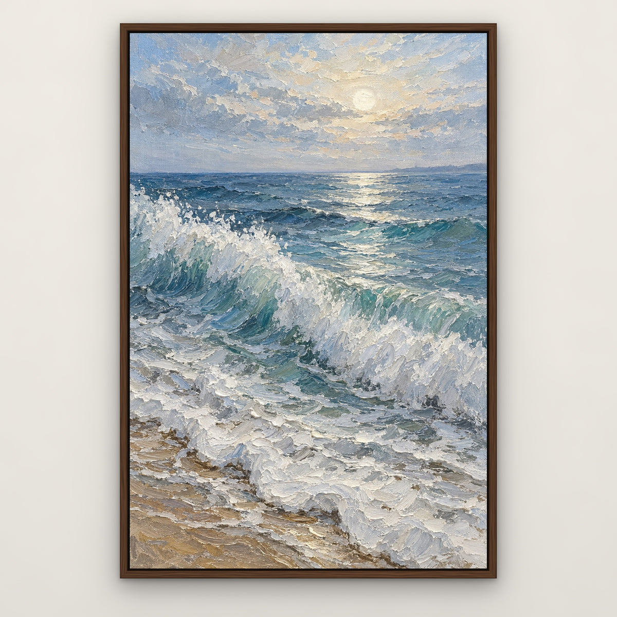 Blue Morning Surf, grey seascape hand-painted canvas wall art in a slim walnut float frame – Gallery 23