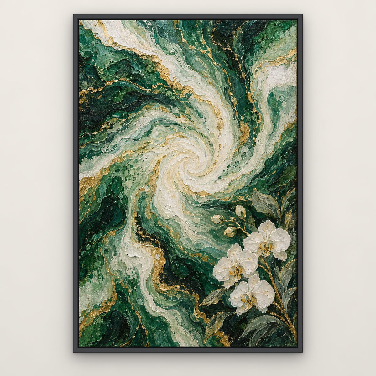 Emerald Marble Flow, green abstract hand-painted canvas wall art in a slim dark grey float frame – Gallery 23