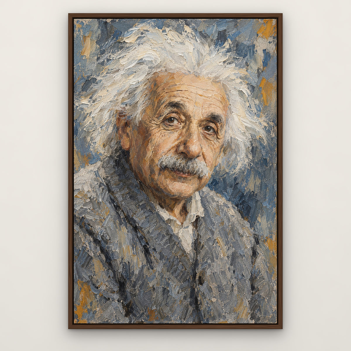 Einstein, blue portrait hand-painted canvas wall art in a slim walnut float frame – Gallery 23