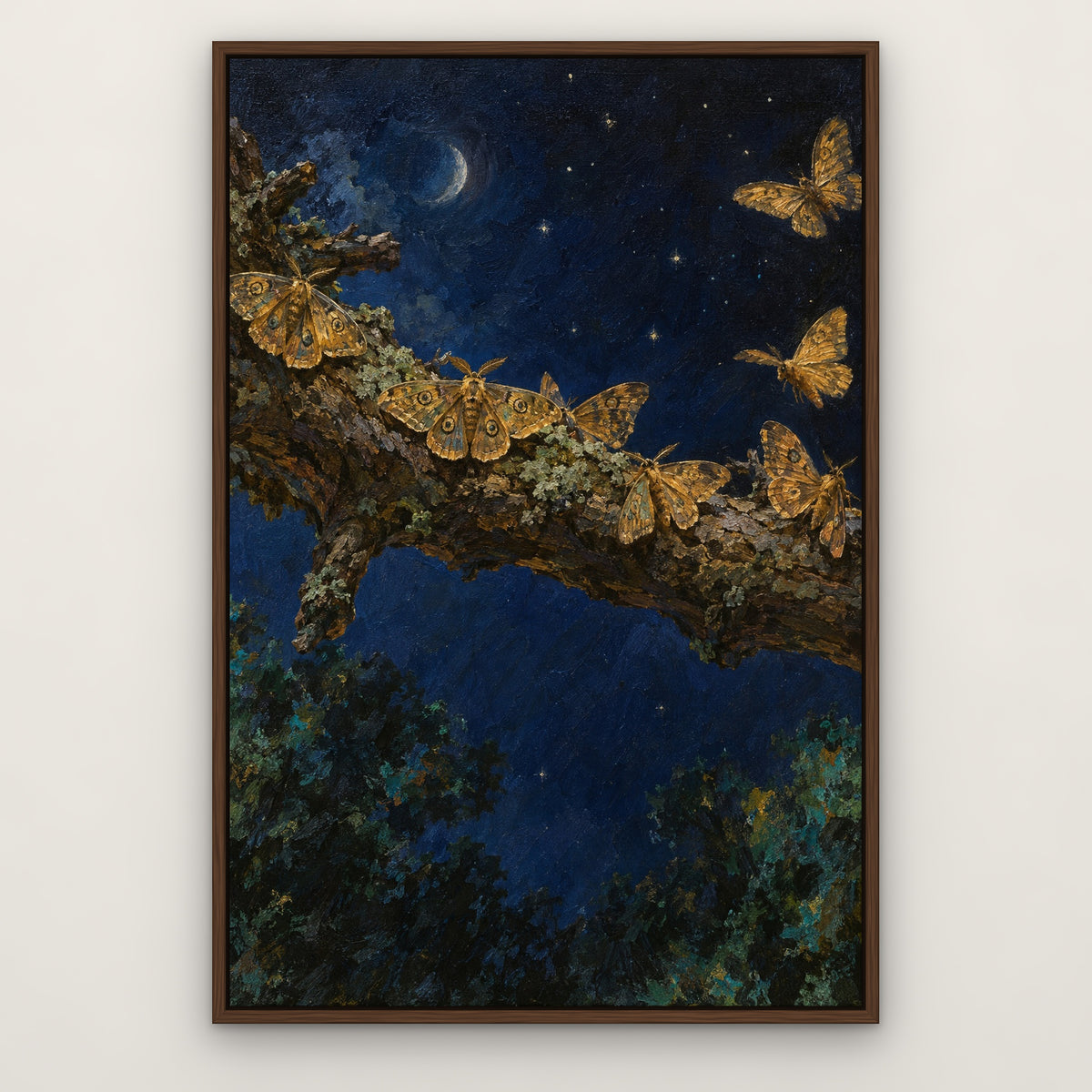 Midnight Moths, blue abstract hand-painted canvas wall art in a slim walnut float frame – Gallery 23