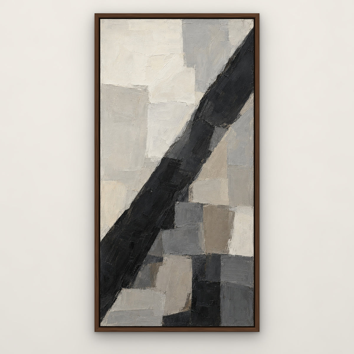 Ash and Ivory, brown abstract hand-painted canvas wall art in a slim walnut float frame – Gallery 23