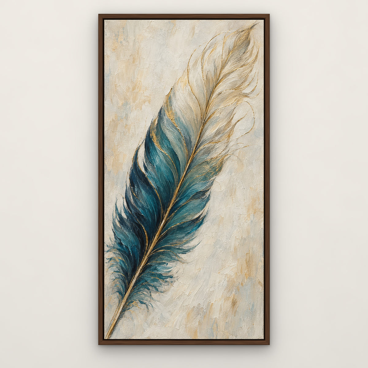 Teal Quill, blue still life hand-painted canvas wall art in a slim walnut float frame – Gallery 23