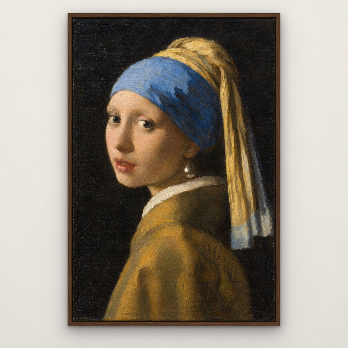 Girl with a Pearl Earring, after Vermeer, portrait hand-painted canvas wall art in a slim walnut float frame – Gallery 23