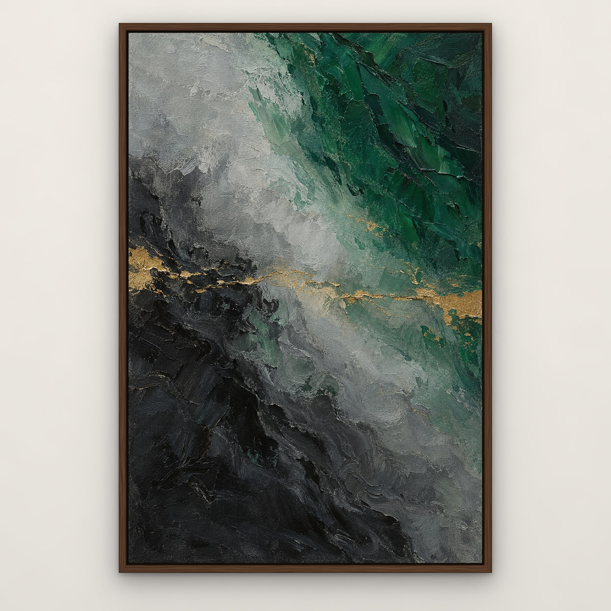 Emerald and Graphite, green abstract hand-painted canvas wall art in a slim walnut float frame – Gallery 23