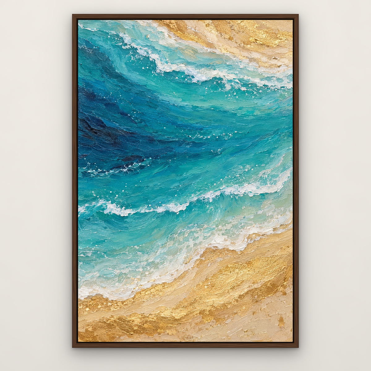 Ocean Agate Gold, blue abstract hand-painted canvas wall art in a slim walnut float frame – Gallery 23