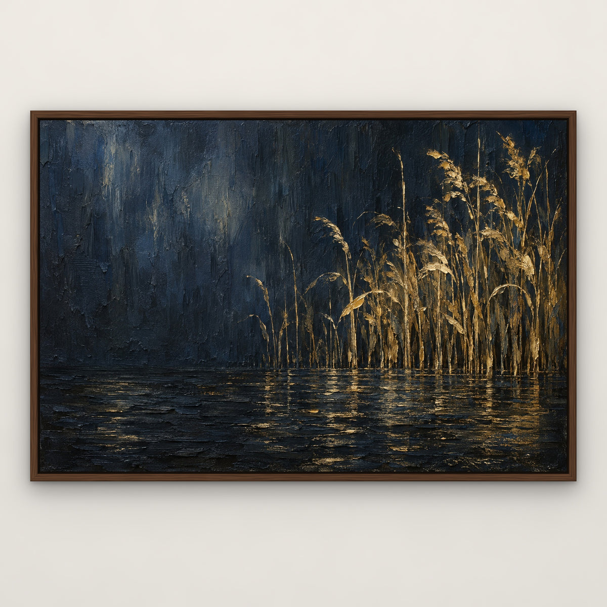 Gold Reeds at Night, black and white abstract hand-painted canvas wall art in a slim walnut float frame – Gallery 23
