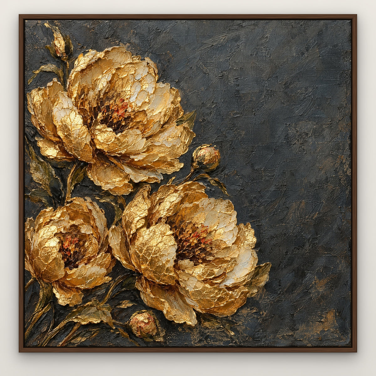 Golden Peony Relief, grey floral hand-painted canvas wall art in a slim walnut float frame – Gallery 23