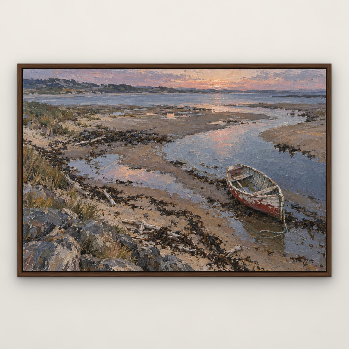 Beached Rowing Boat, blue seascape hand-painted canvas wall art in a slim walnut float frame – Gallery 23