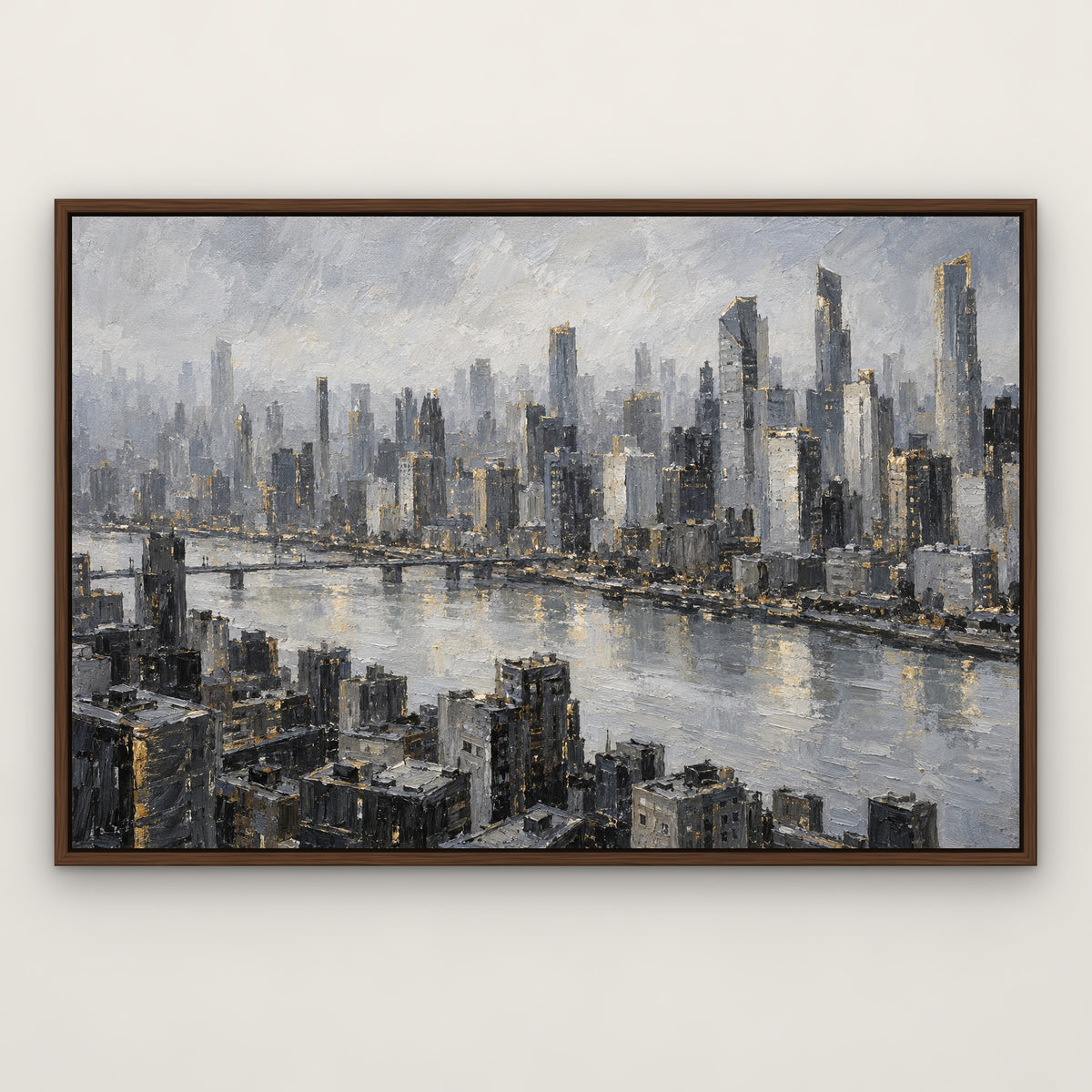 Grey Metropolis, gold cityscape hand-painted canvas wall art in a slim walnut float frame – Gallery 23