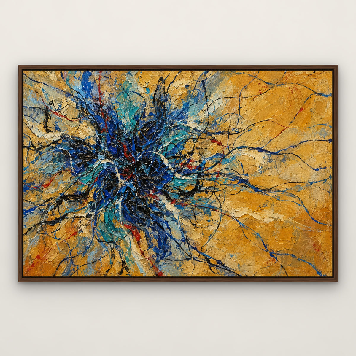 Cobalt Drip Web, blue abstract hand-painted canvas wall art in a slim walnut float frame – Gallery 23