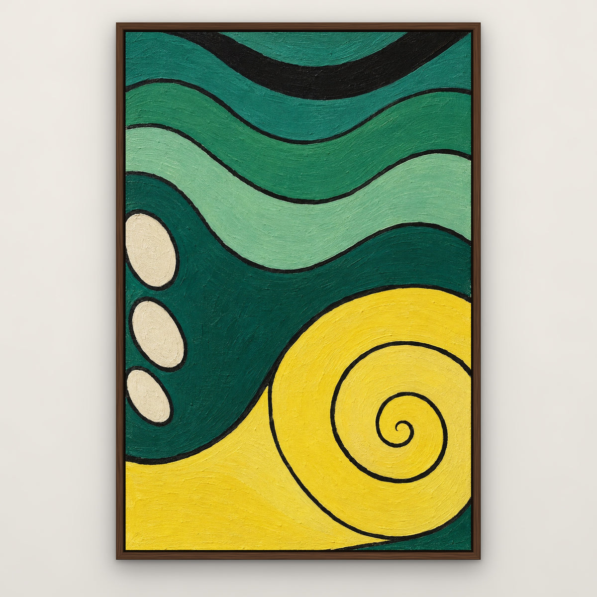 Jade and Lemon Curves, green abstract hand-painted canvas wall art in a slim walnut float frame – Gallery 23