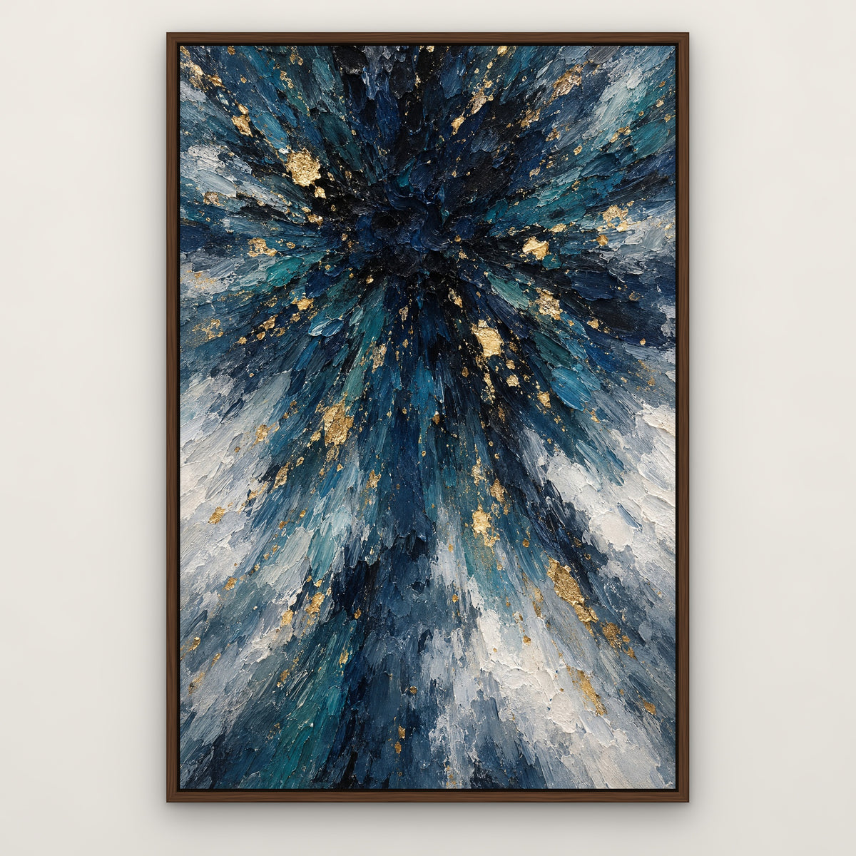 Indigo and Gold Rain, blue abstract hand-painted canvas wall art in a slim walnut float frame – Gallery 23