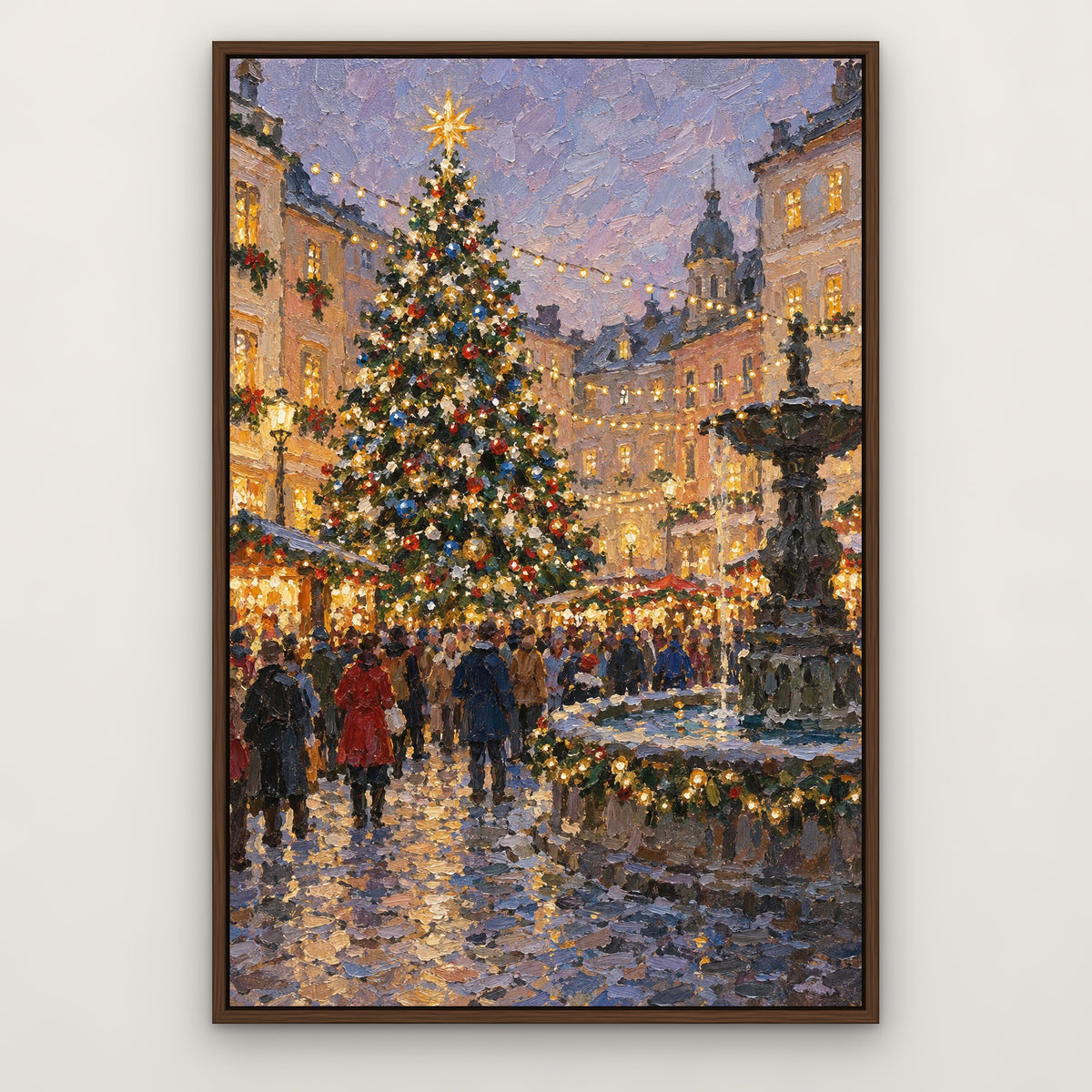 City Christmas Tree, colourful cityscape hand-painted canvas wall art in a slim walnut float frame – Gallery 23