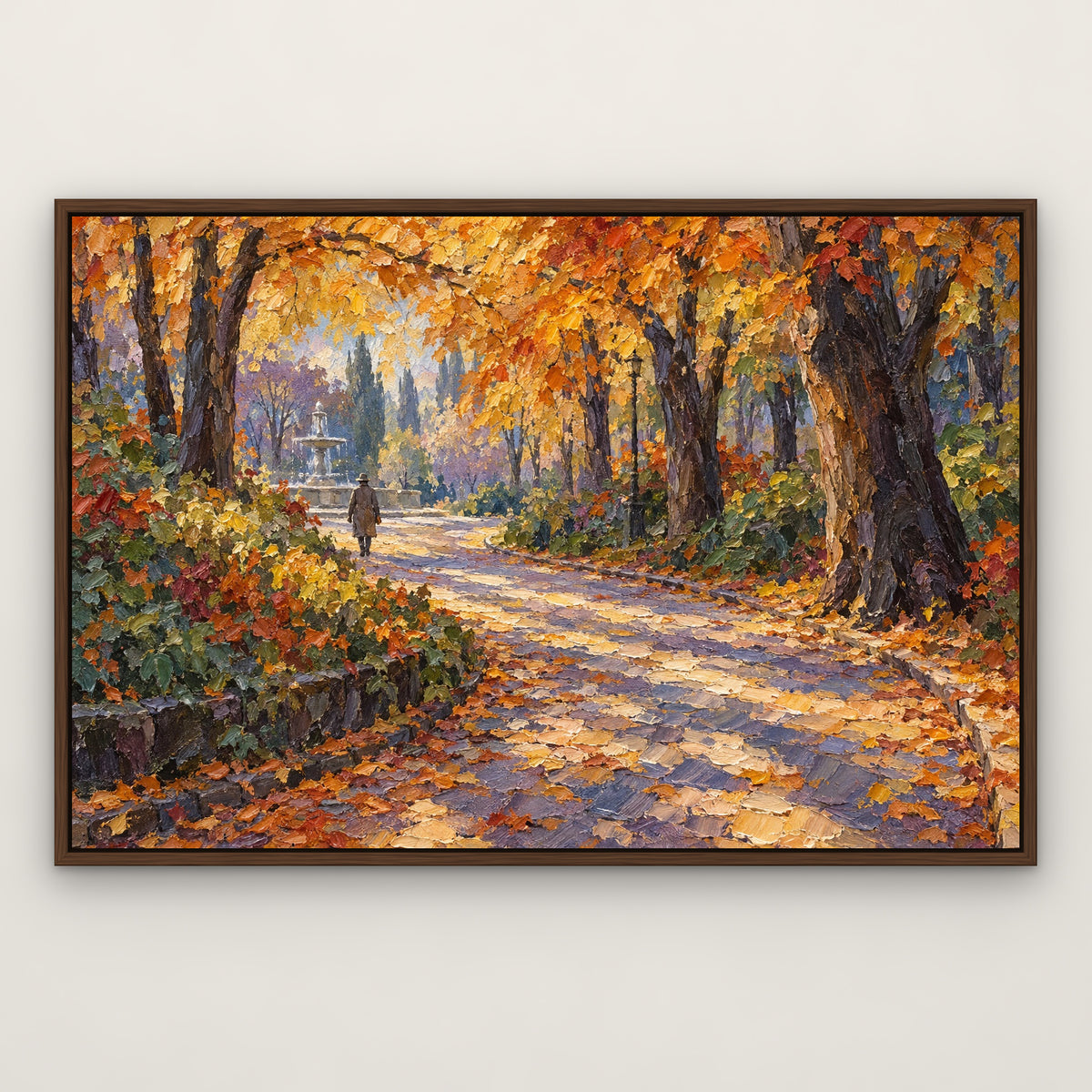 Golden Park Path, orange landscape hand-painted canvas wall art in a slim walnut float frame – Gallery 23