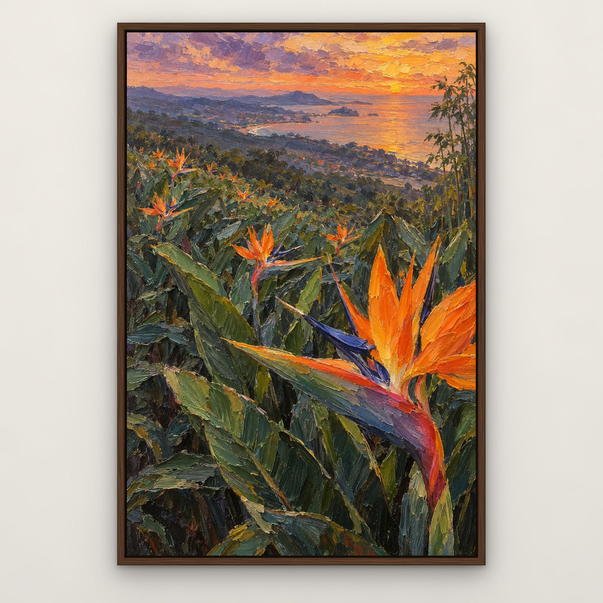 Bird of Paradise Grove, green floral hand-painted canvas wall art in a slim walnut float frame – Gallery 23