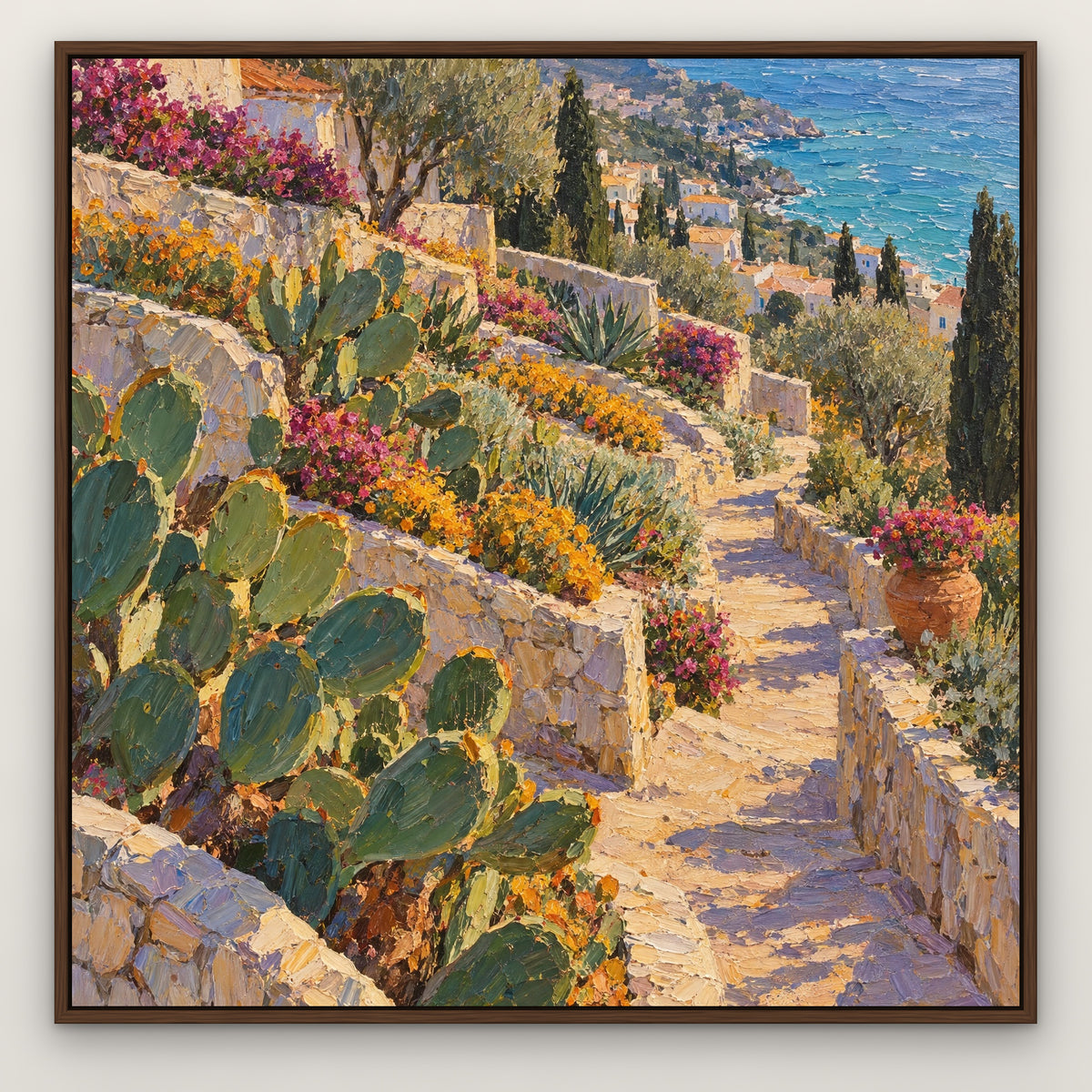 Coastal Cactus Garden, colourful seascape hand-painted canvas wall art in a slim walnut float frame – Gallery 23