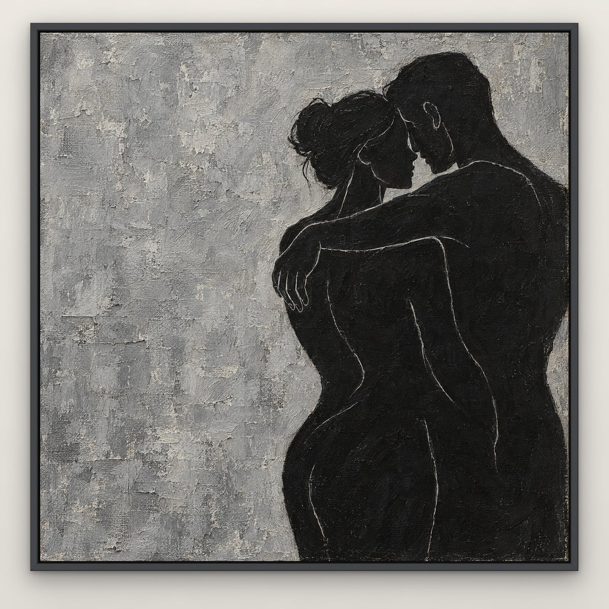 Embrace in Black, black and white abstract hand-painted canvas wall art in a slim dark grey float frame – Gallery 23