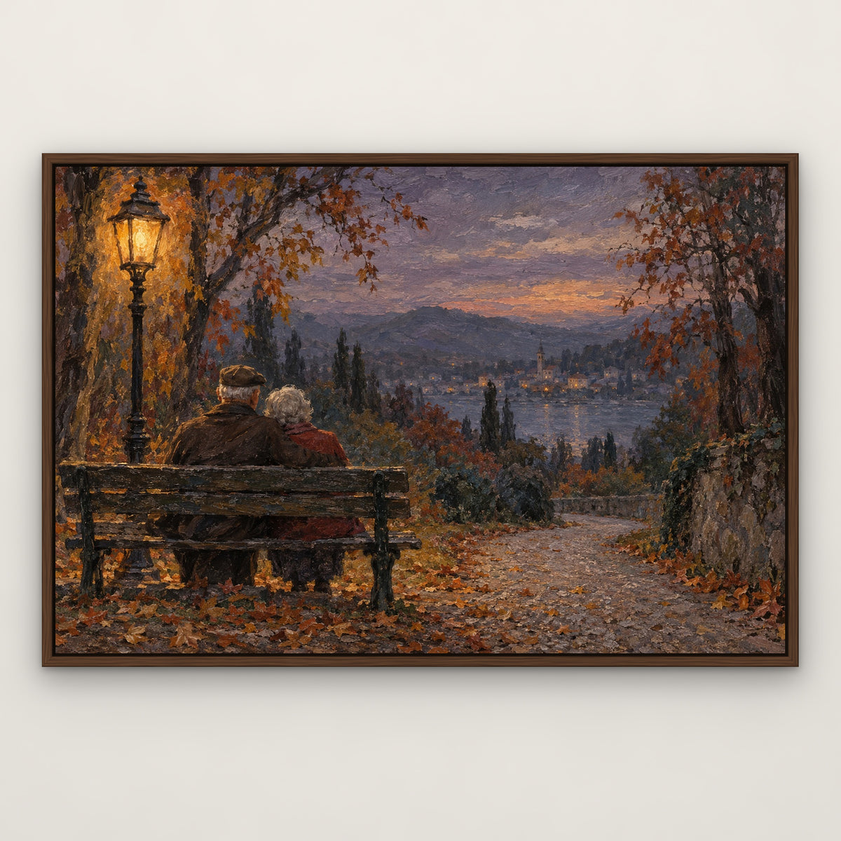 Lamplit Autumn Lovers, blue figurative hand-painted canvas wall art in a slim walnut float frame – Gallery 23