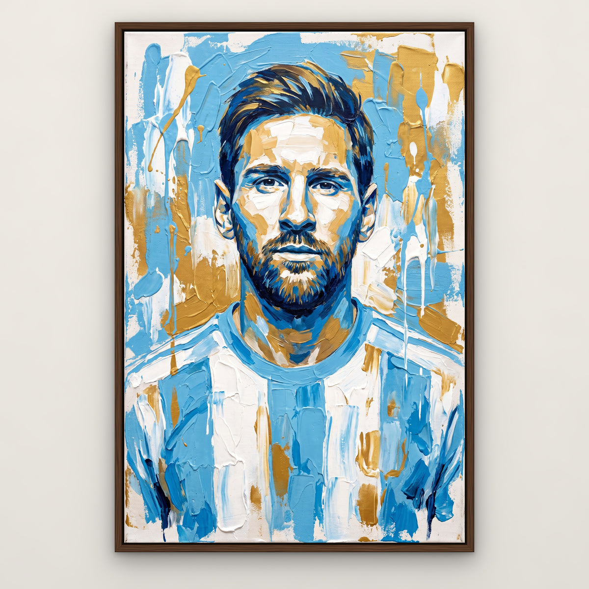 Messi in Sky Blue, gold pop art hand-painted canvas wall art in a slim walnut float frame – Gallery 23