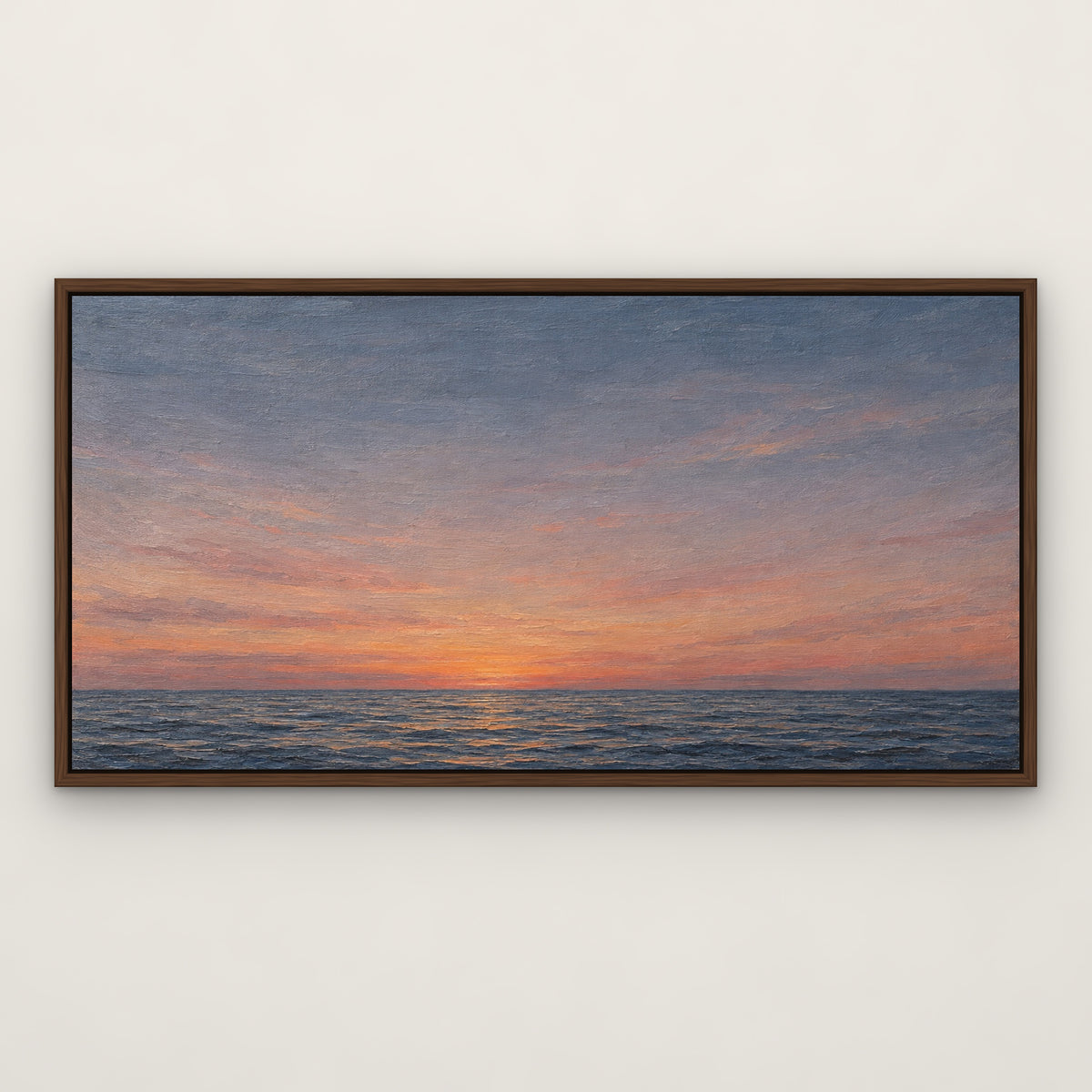 Still Horizon, blue seascape hand-painted canvas wall art in a slim walnut float frame – Gallery 23
