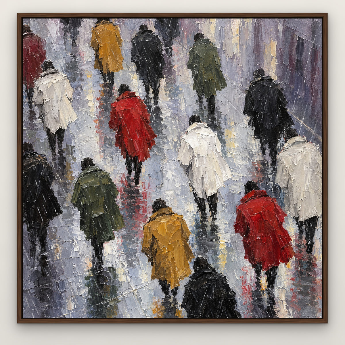 Coats in the Rain, colourful figurative hand-painted canvas wall art in a slim walnut float frame – Gallery 23