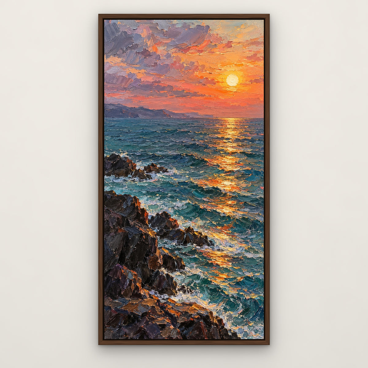 Sunset Path at Sea, colourful seascape hand-painted canvas wall art in a slim walnut float frame – Gallery 23