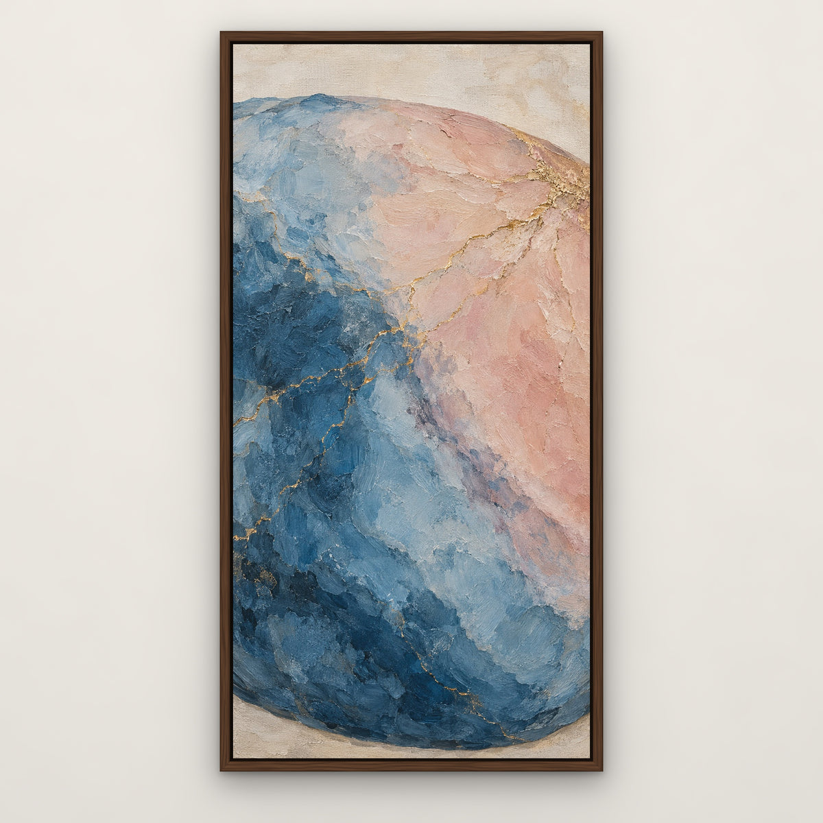 Blue Blush Stone, pink abstract hand-painted canvas wall art in a slim walnut float frame – Gallery 23
