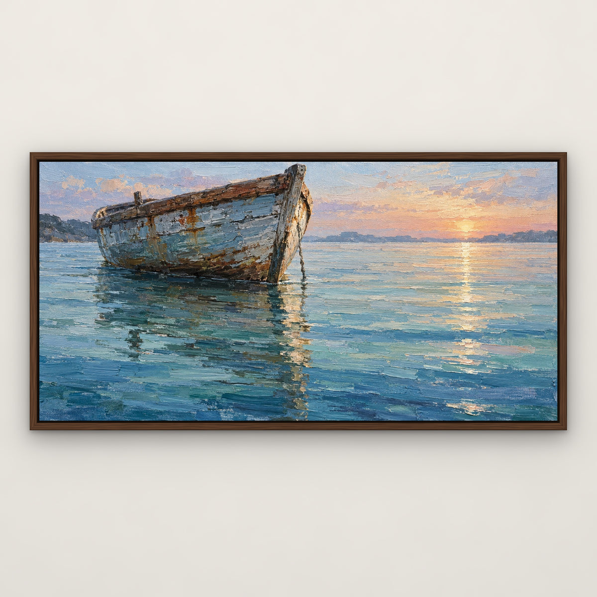Lone Skiff, blue seascape hand-painted canvas wall art in a slim walnut float frame – Gallery 23
