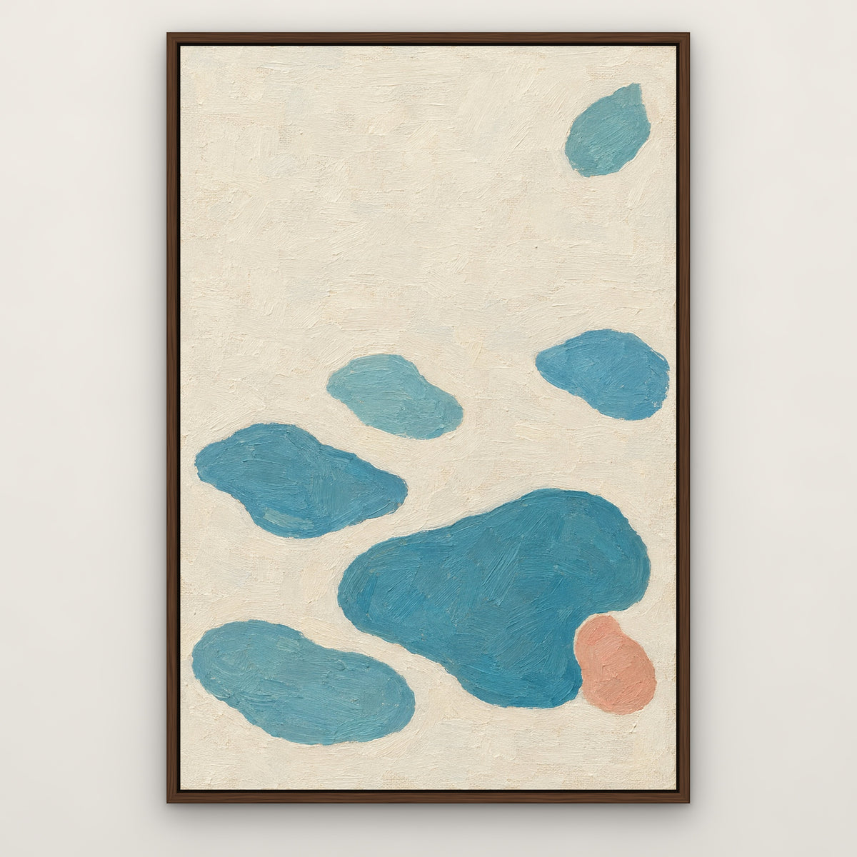 Lagoon Shapes, blue abstract hand-painted canvas wall art in a slim walnut float frame – Gallery 23