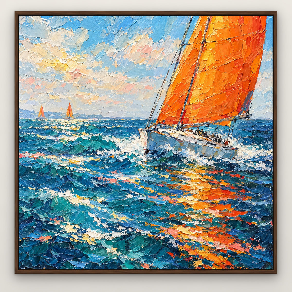 Tangerine Sails, blue seascape hand-painted canvas wall art in a slim walnut float frame – Gallery 23