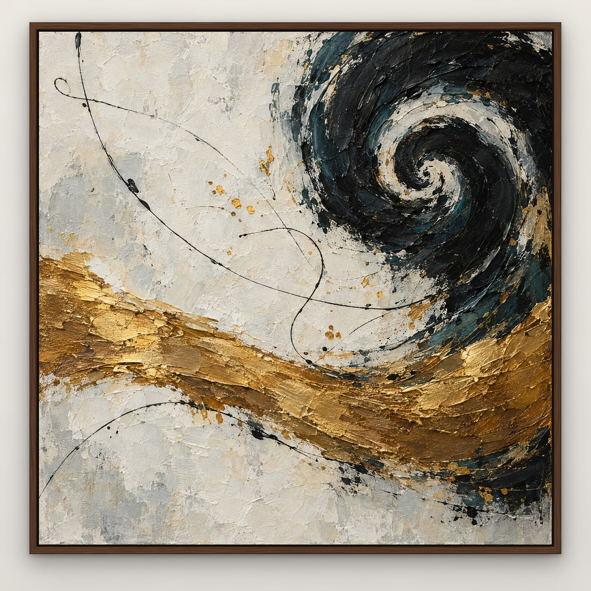 Ink and Bronze Rhythm, teal abstract hand-painted canvas wall art in a slim walnut float frame – Gallery 23