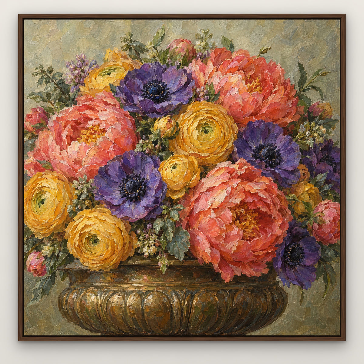 Opulent Floral Urn, colourful hand-painted canvas wall art in a slim walnut float frame – Gallery 23