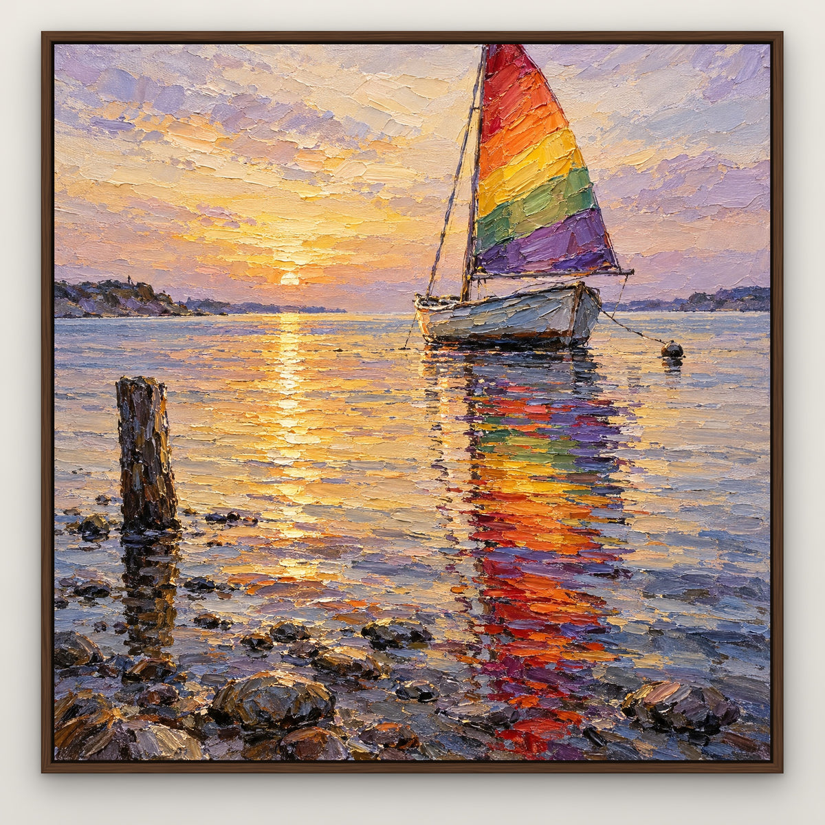 Rainbow Sail Reflections, colourful seascape hand-painted canvas wall art in a slim walnut float frame – Gallery 23