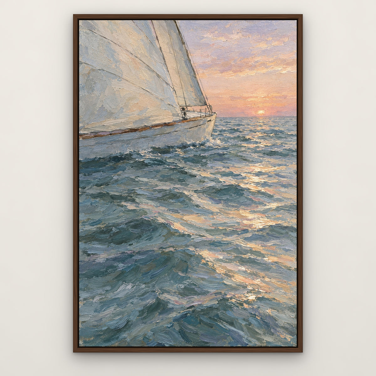 Sail at First Light, brown seascape hand-painted canvas wall art in a slim walnut float frame – Gallery 23