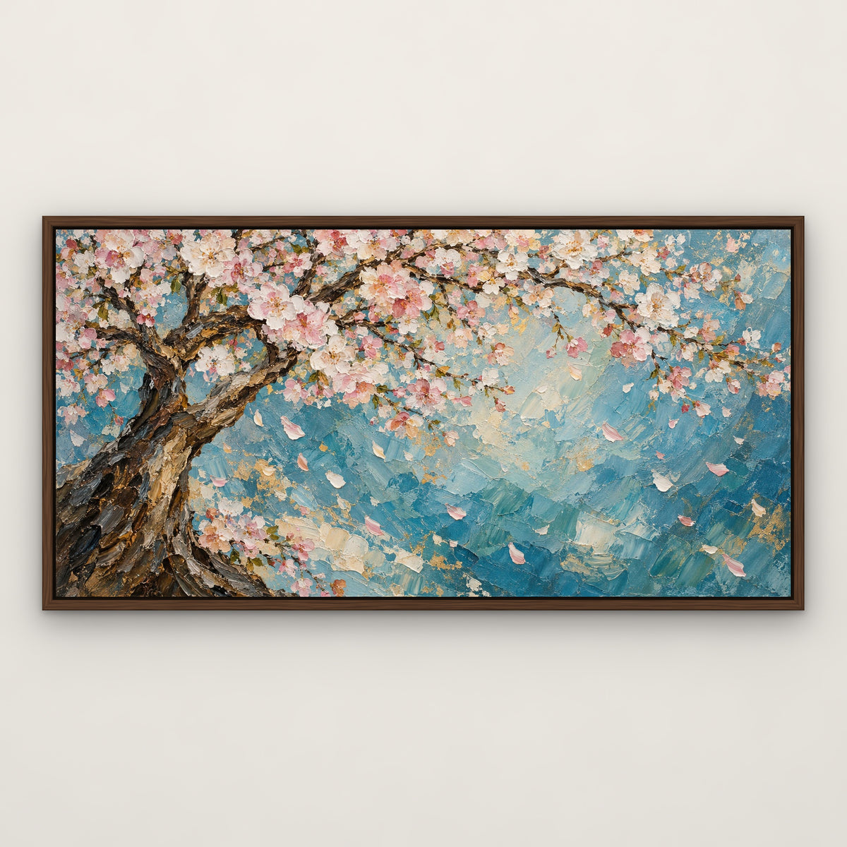 Cherry Blossom Shimmer, blue floral hand-painted canvas wall art in a slim walnut float frame – Gallery 23