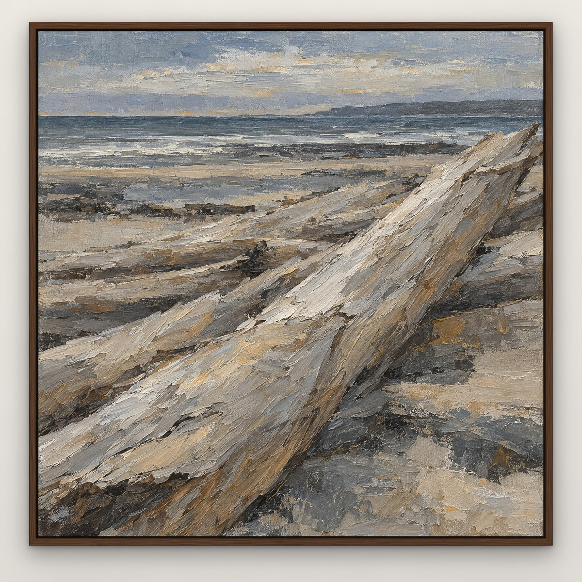 Driftwood Shore Bands, blue abstract hand-painted canvas wall art in a slim walnut float frame – Gallery 23