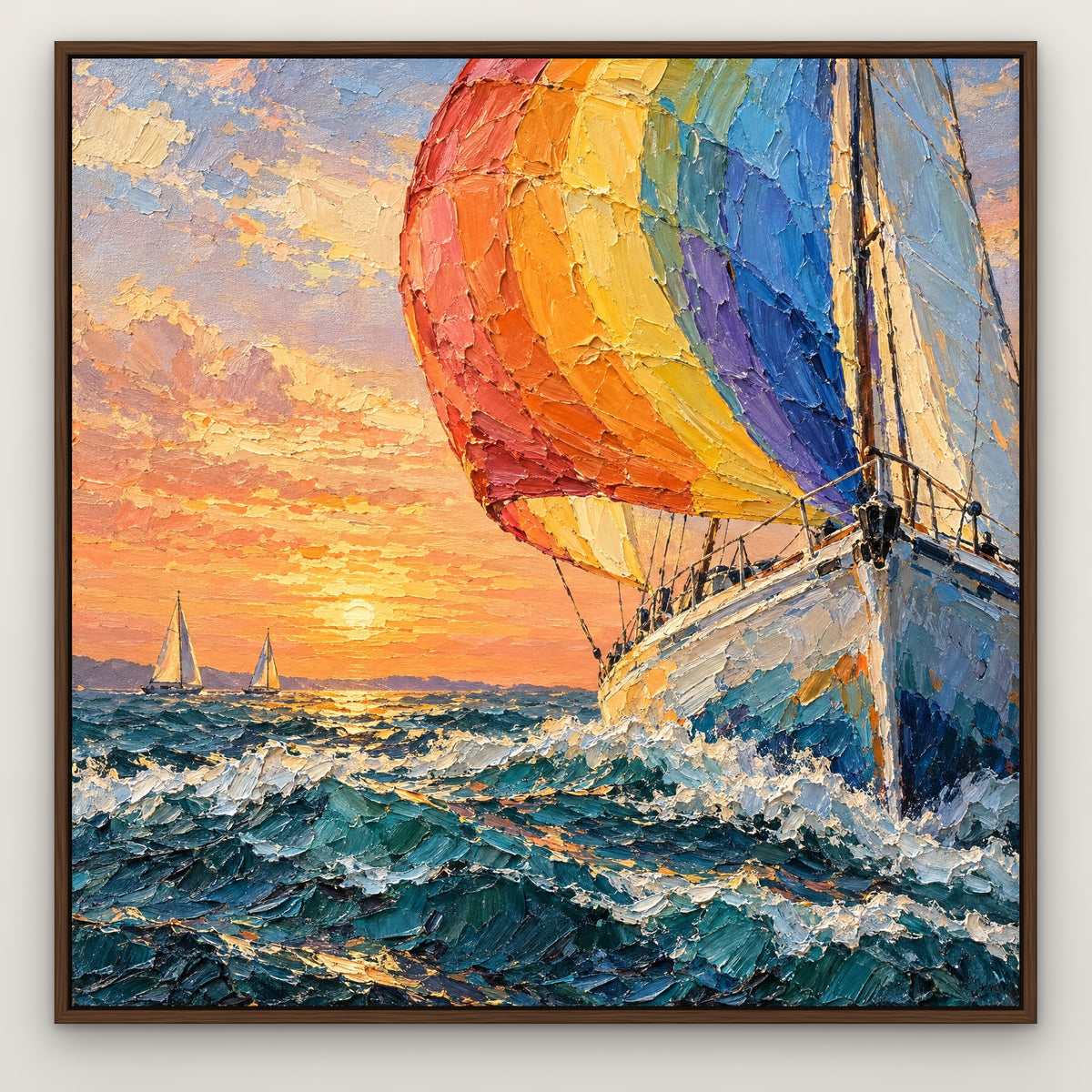 Rainbow Sails, teal seascape hand-painted canvas wall art in a slim walnut float frame – Gallery 23