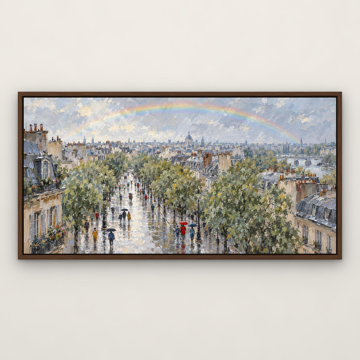 Rainbow Rain Boulevard, colourful abstract hand-painted canvas wall art in a slim walnut float frame – Gallery 23