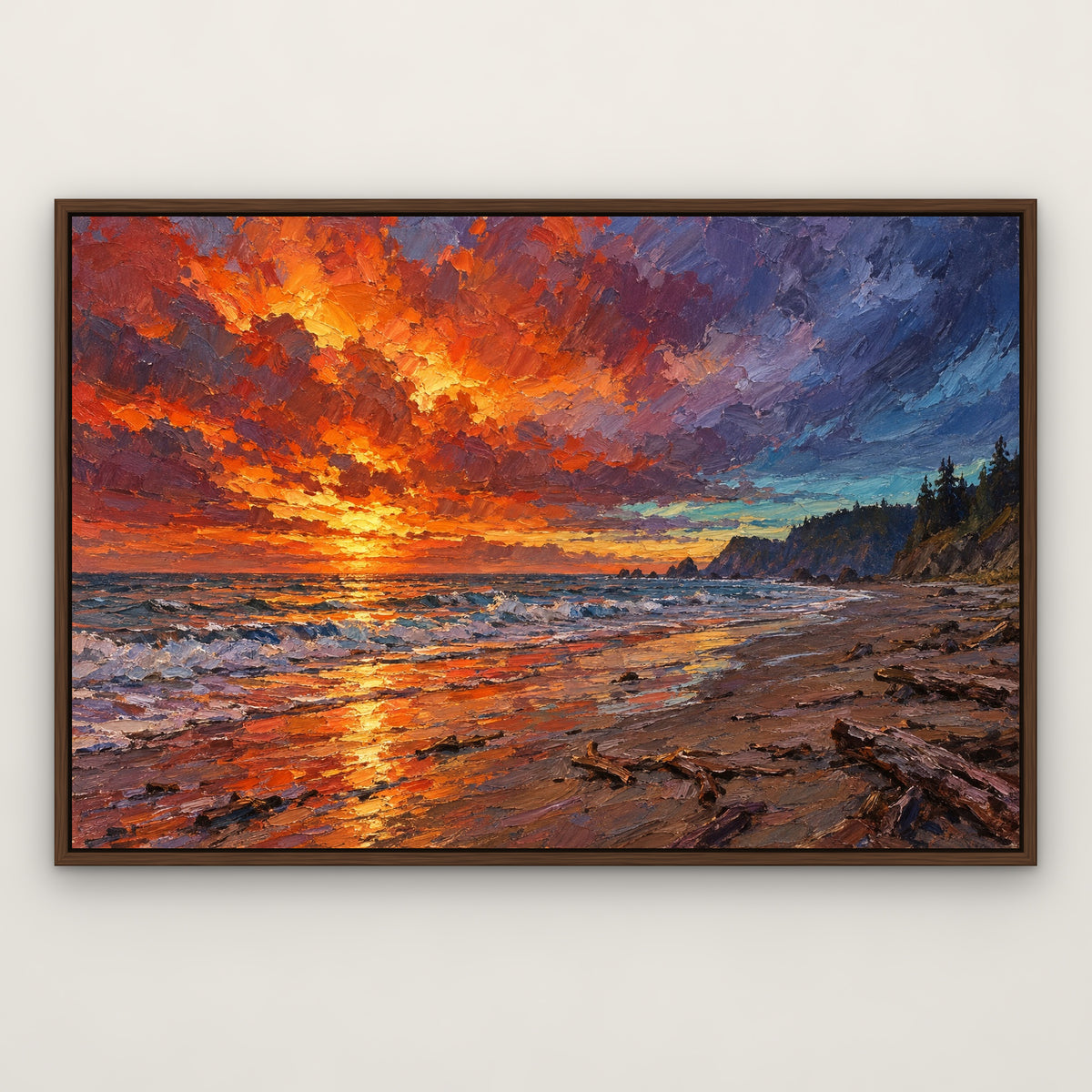 Fire Sky Beach, orange seascape hand-painted canvas wall art in a slim walnut float frame – Gallery 23